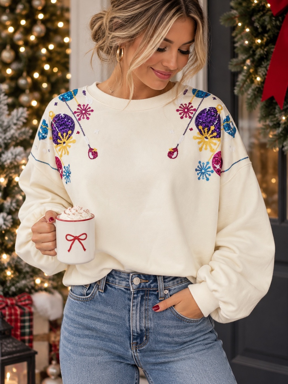 Peach Love Sequin Ornament Cropped Sweatshirt Ivory Small Holiday